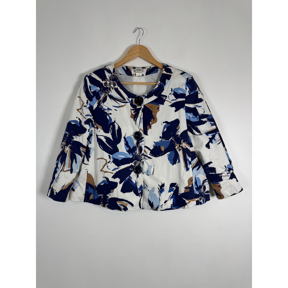 Coastal Katherine New York Womens Medium Jacket Blue White Floral Cropped Cotton